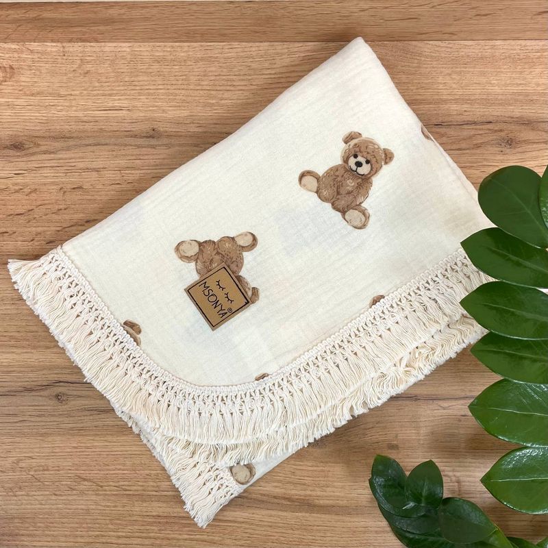 Плед Маленька Соня муслін жатка двошаровий з бахромою Teddy на молочному 80x100 см