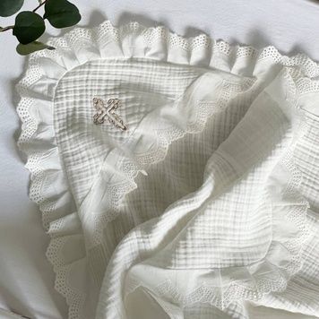 Крыжма Маленькая Соня муслин с кружевом Прошва зигзаг белая 80x100 см