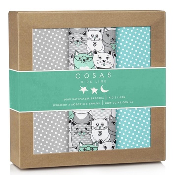 Набір пелюшок бязь Cosas CATS GREY MINT DOTS 3 штуки, 80x100 см