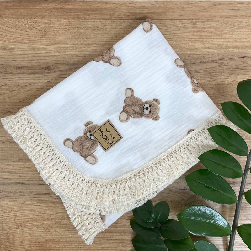 Плед Маленька Соня муслін жатка двошаровий з бахромою Teddy на білому 80x100 см