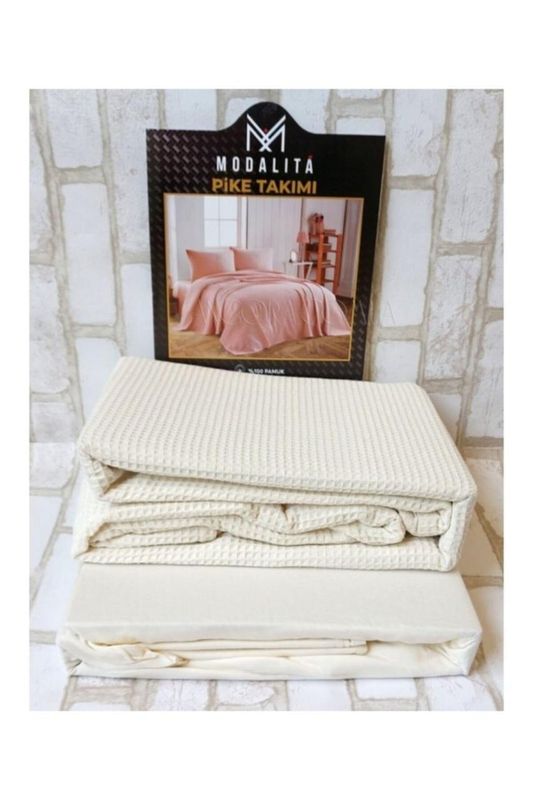 Комплект постельного белья с вафельным покрывалом Pike Modalita Krem полуторный