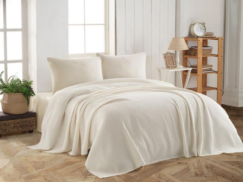 Комплект постельного белья с вафельным покрывалом Pike Modalita Krem евро