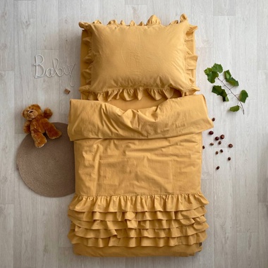 Комплект постельного белья Маленькая Соня вареный хлопок с рюшем горчица ясли