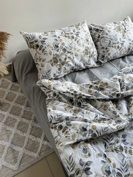 Постельное белье Bedclozzzes ранфорс Осенний букет с серым однотонным (№6495+54) евро