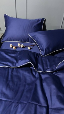 Постельное белье MLS сатин Delux синее с белым кантом двуспальный