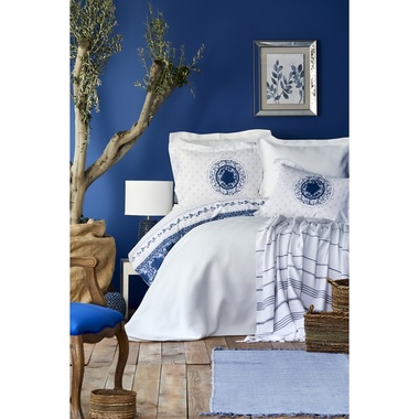 Постільна білизна з покривалом + піке Karaca Home Belina mavi ранфорс блакитний евро
