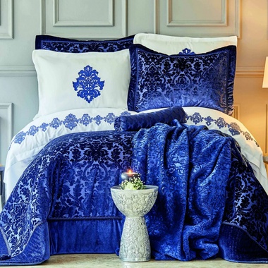 Постільна білизна з покривалом + плед Karaca Home Volante lacivert бавовна синій евро