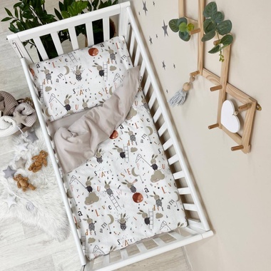 Комплект постельного белья Маленькая Соня фланель Зайцы на стремянке бежевый для новорожденных