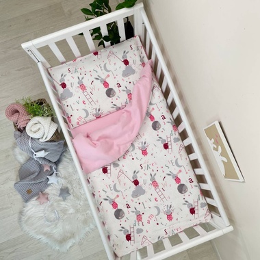 Комплект постільної білизни Маленька Соня фланель Зайці на драбинці рожевий для новонароджених