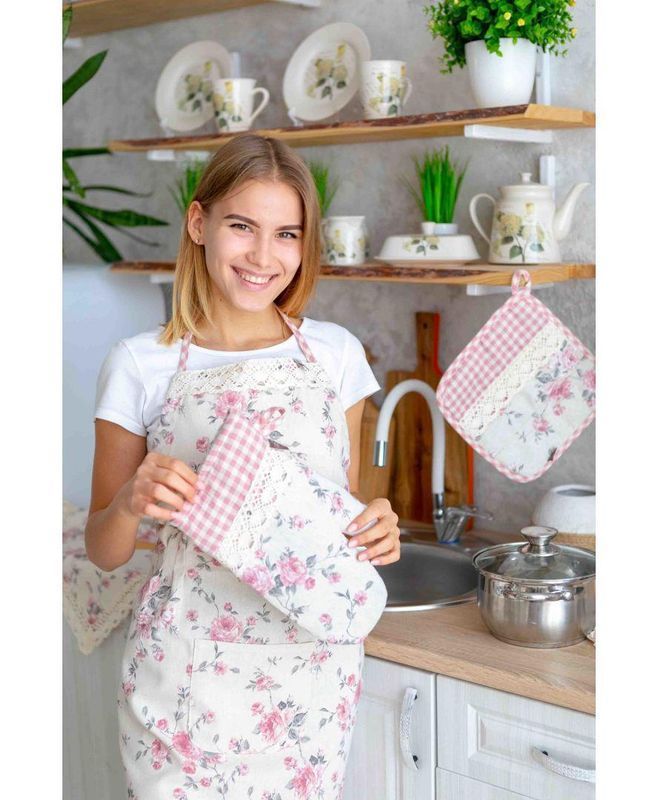 Кухонний фартух Прованс Bella Рожева клітинка/Рози з мереживами, універсальний