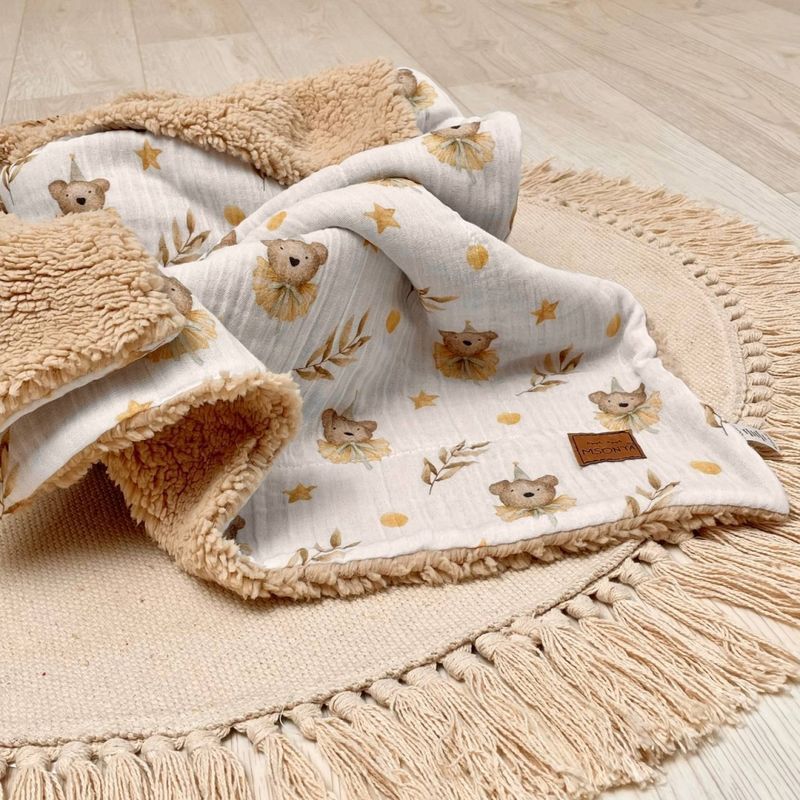 Плед Маленька Соня муслін на хутрі Teddy Ведмедики в ковпачках 80x100 см